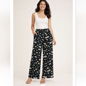LOFT Black Floral Wide Leg Pants | Linen Blend | Size Small